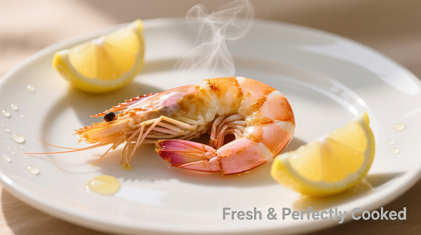 Perfectly cooked shrimp on a white plate with lemon wedges