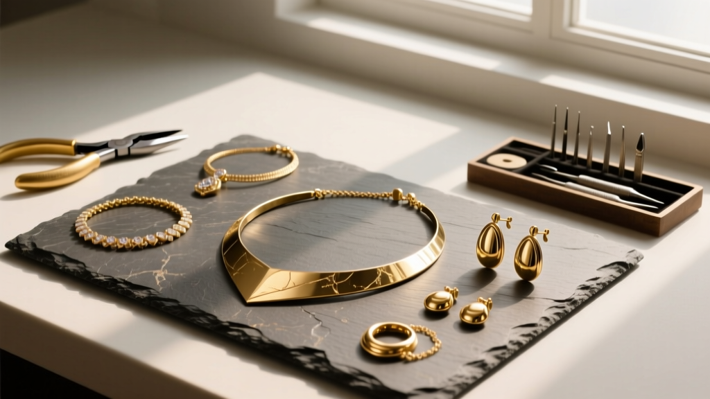 Gold-plated brass fashion necklaces and earrings on a slate repair mat beside precision pliers and a jeweler