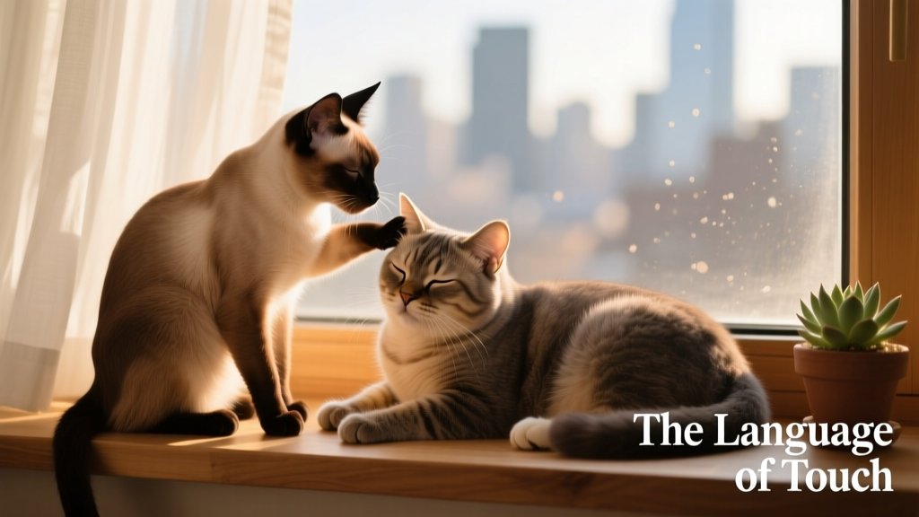 Two friendly cats grooming each other side-by-side on a sunlit windowsill