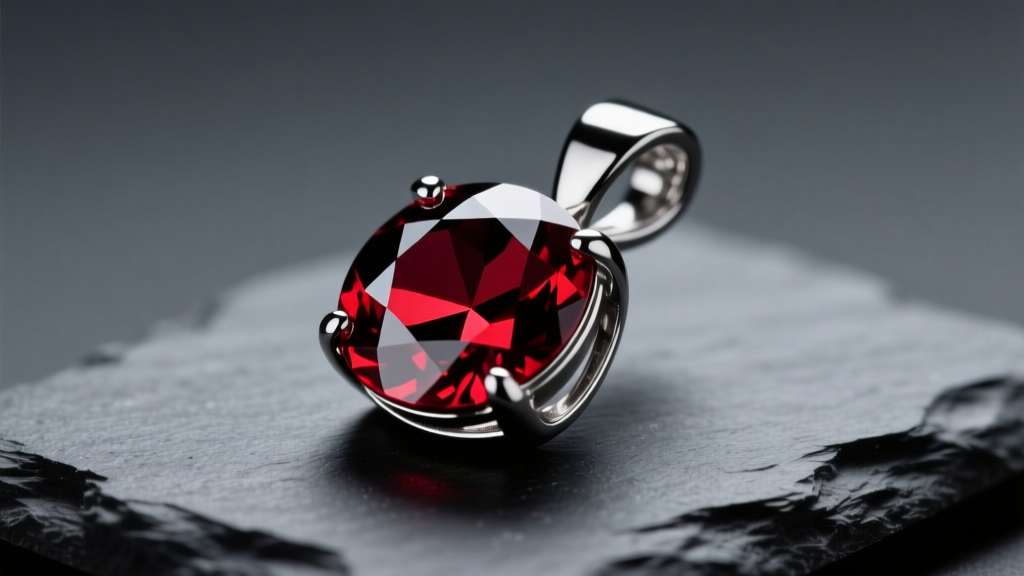 Black rhodium plated silver pendant featuring a central deep red garnet, resting on dark slate against moody, studio lighting.