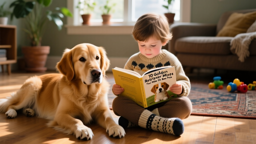 A Golden Retriever mix resting peacefully beside a child reading on the floor