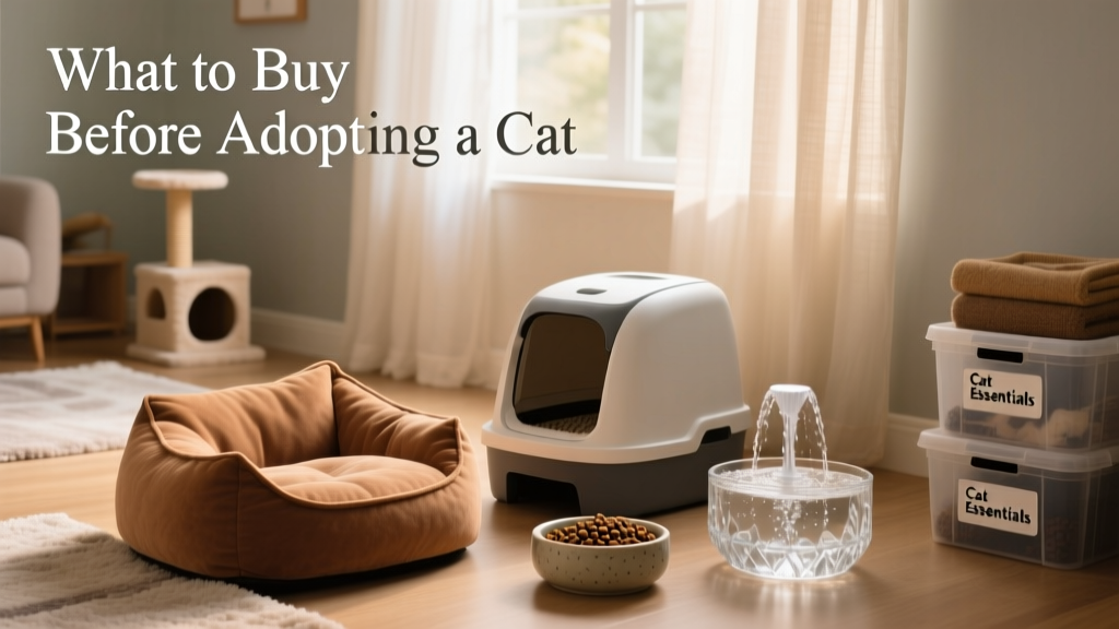 A calm, softly lit room with a cozy cat bed, litter box, food bowl, and water fountain set up in preparation for a new cat's arrival