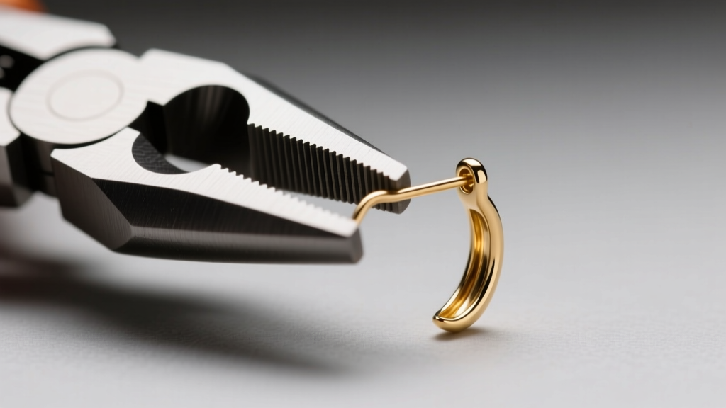 Nylon-jaw pliers gently straightening a bent 20-gauge 14k white gold earring post under bright, focused jewelry bench lighting.