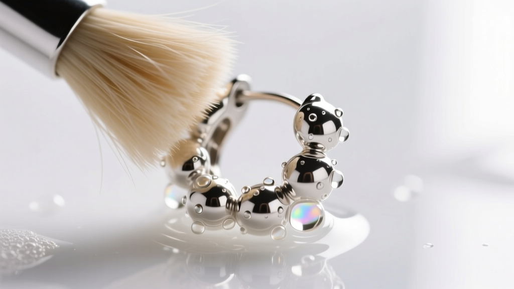 Close-up of a soft baby bristle brush gently cleaning crevices of a sterling silver popcorn earring submerged in soapy water.