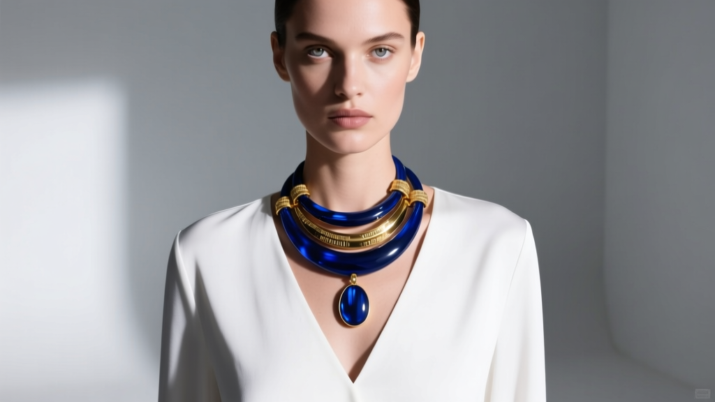 Model in white V-neck blouse wearing a layered navy blue resin and gold pendant necklace, bright studio fashion photography shot