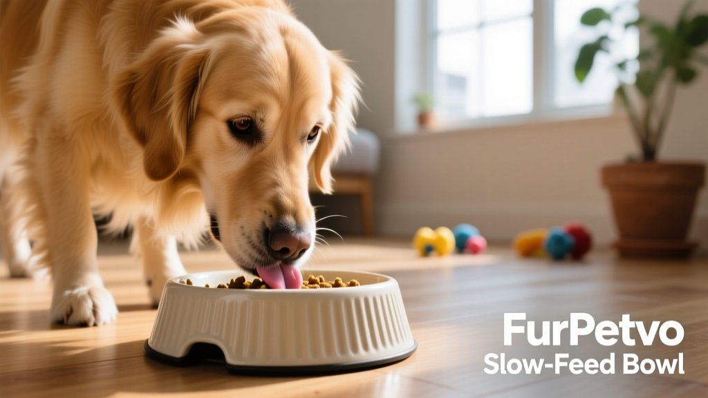 Dog using a FurPetVo slow-feed bowl, tongue lapping food from raised ridges