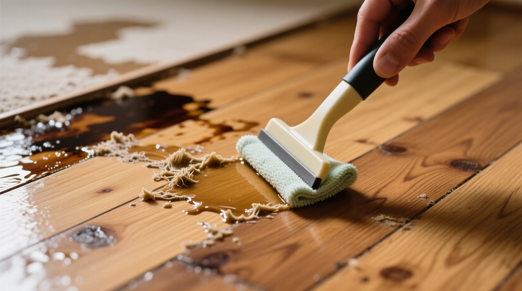 how to remove adhesive from wood floors