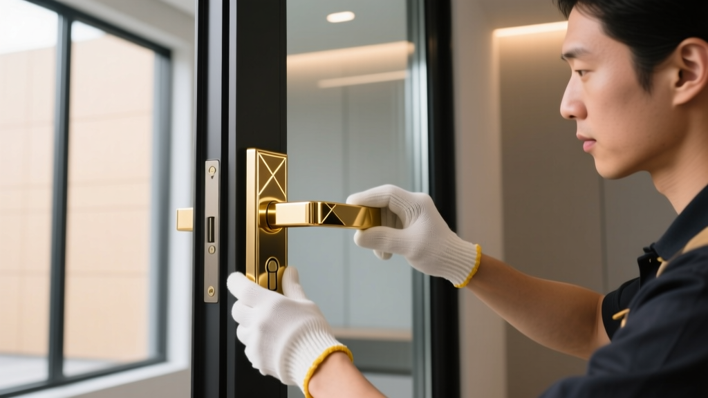 Professional installer wearing white cotton gloves carefully aligning a heavy gold-plated modern door handle on a glass pivot door