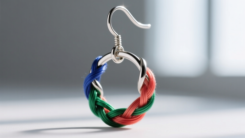 Extreme close-up of an 18-gauge titanium jump ring woven into a fiber earring loop, attached to a polished niobium ear wire.
