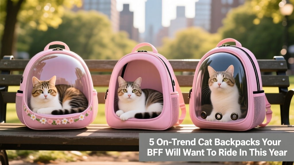 Side-by-side comparison of three stylish cat backpacks: bubble, pink, and mesh-window styles, each with a relaxed cat inside