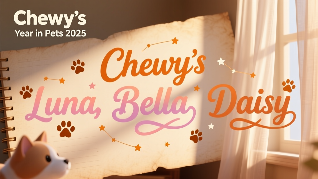 A playful graphic showing the names Luna, Bella, and Daisy written in whimsical fonts with paw prints and stars