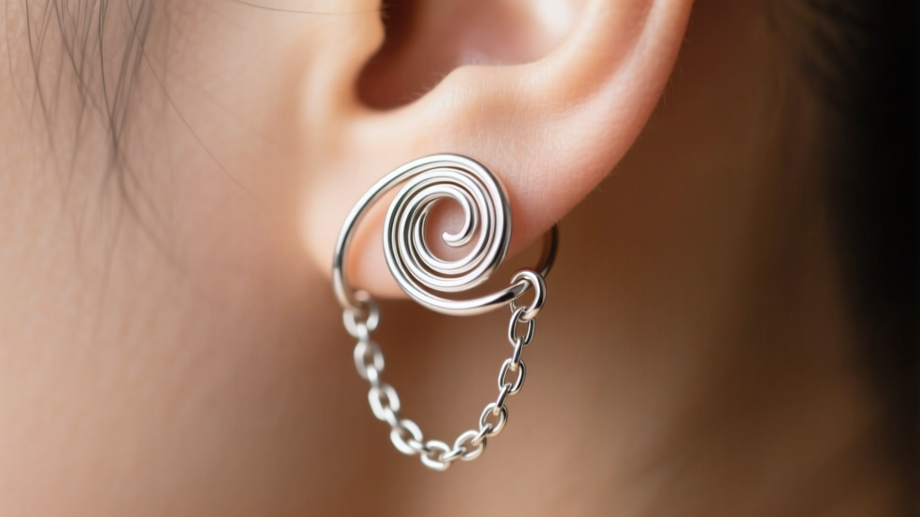Detailed view of a 16-gauge titanium wire helix ear cuff engineered to support a lightweight silver chain drape without bending.