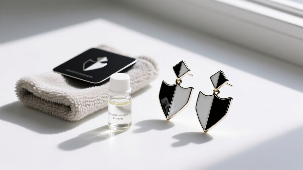 Flat lay of cleaning kit next to black and white enamel Knight earrings, showing microfiber cloth and mild jewelry polish solution