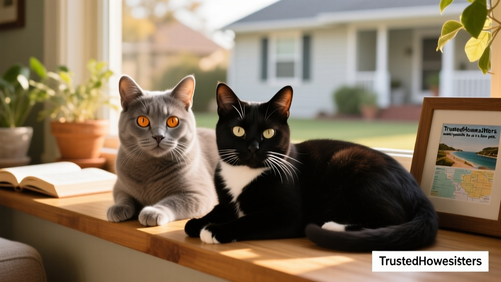 Two cats, Ivy and Mavis, lounging side by side on a sunny windowsill
