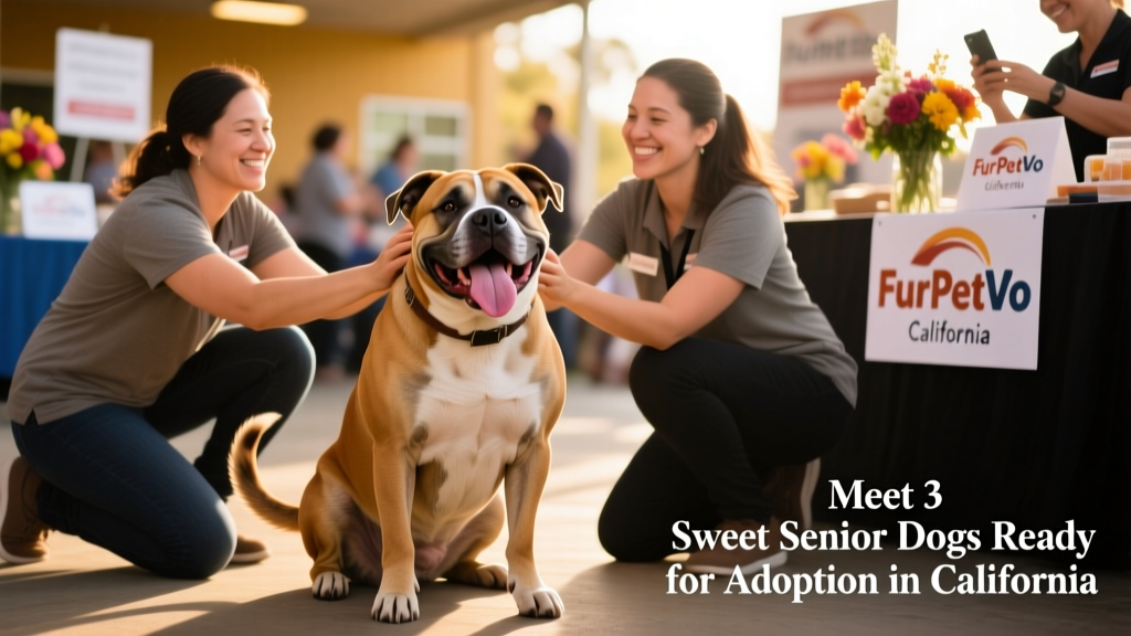 Slinky, a large, friendly American Pit Bull Terrier, sitting happily with his tongue out and tail wagging, surrounded by staff at a FurPetVo adoption event