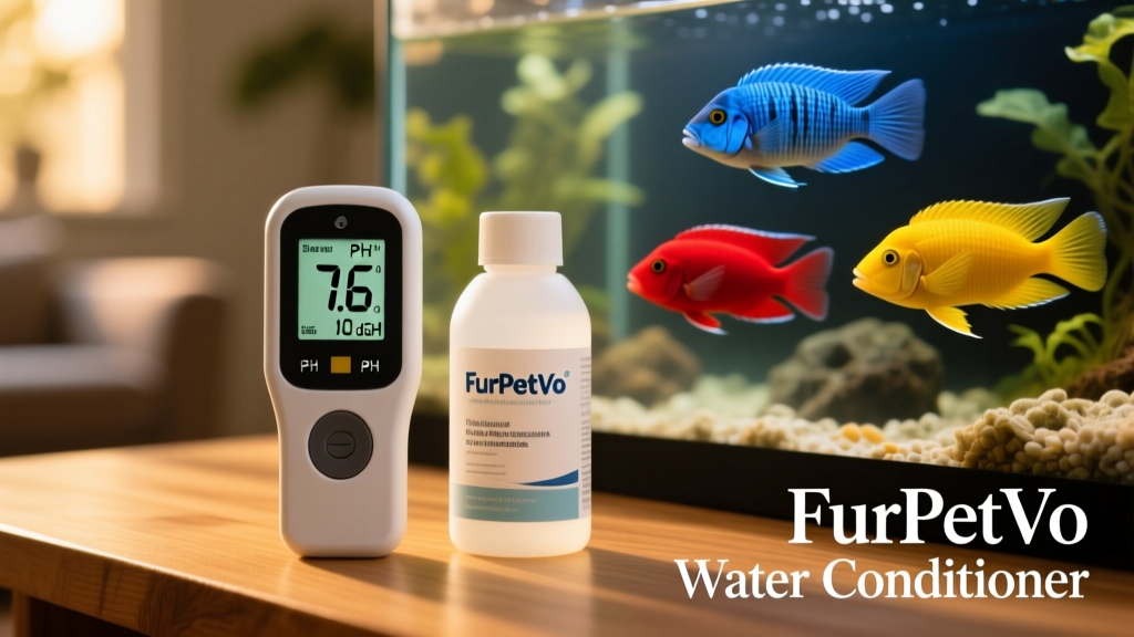Aquarium test kit showing stable pH and hardness readings next to a FurPetVo-branded water conditioner bottle