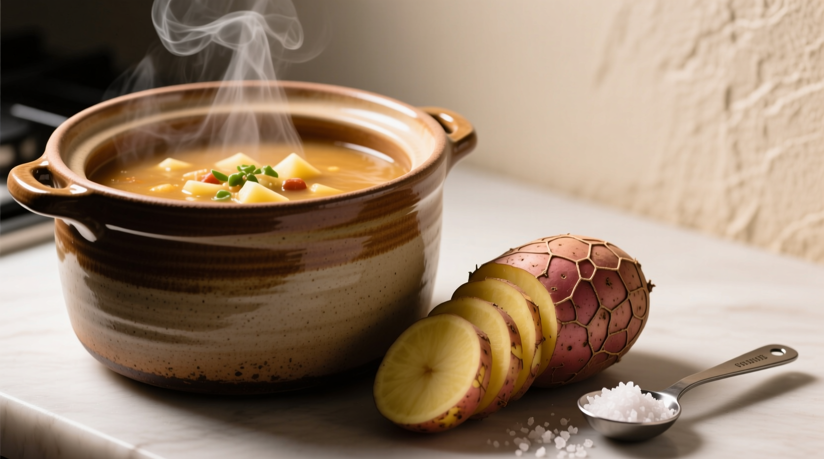 Holiday cooking context showing salt measurement next to russet potatoes, not omitted for '5-ingredient' claims, critical for flavor development in slow cooker soup