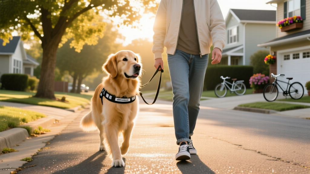 A calm, attentive dog walking beside their human on a sunny neighborhood street