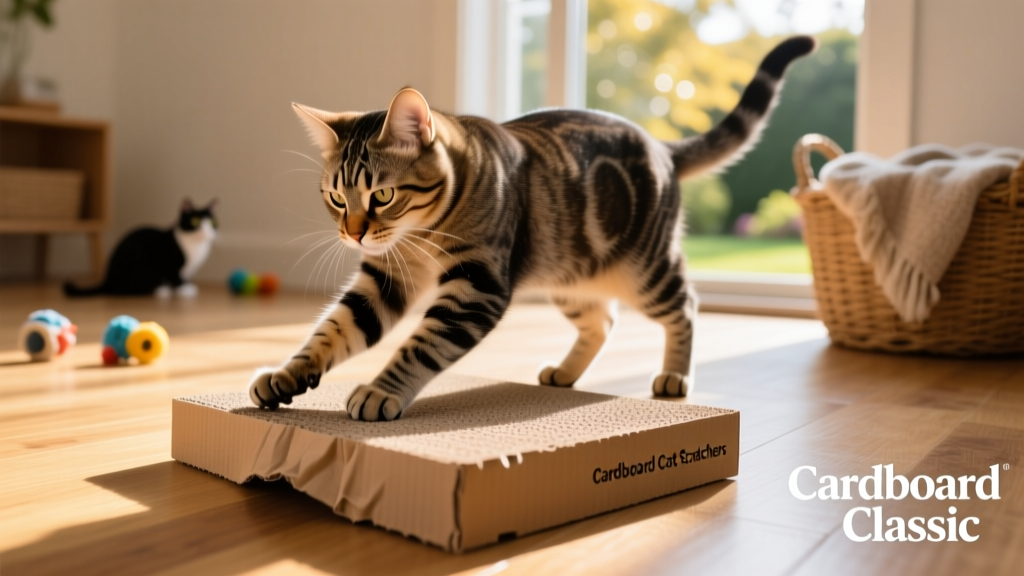 A tabby cat kneading and scratching a flat, rectangular cardboard scratch pad on a hardwood floor