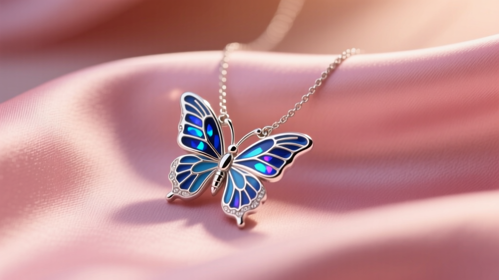 Sterling silver and blue enamel butterfly pendant necklace on pink silk fabric, illuminated by soft, warm cinematic lighting.