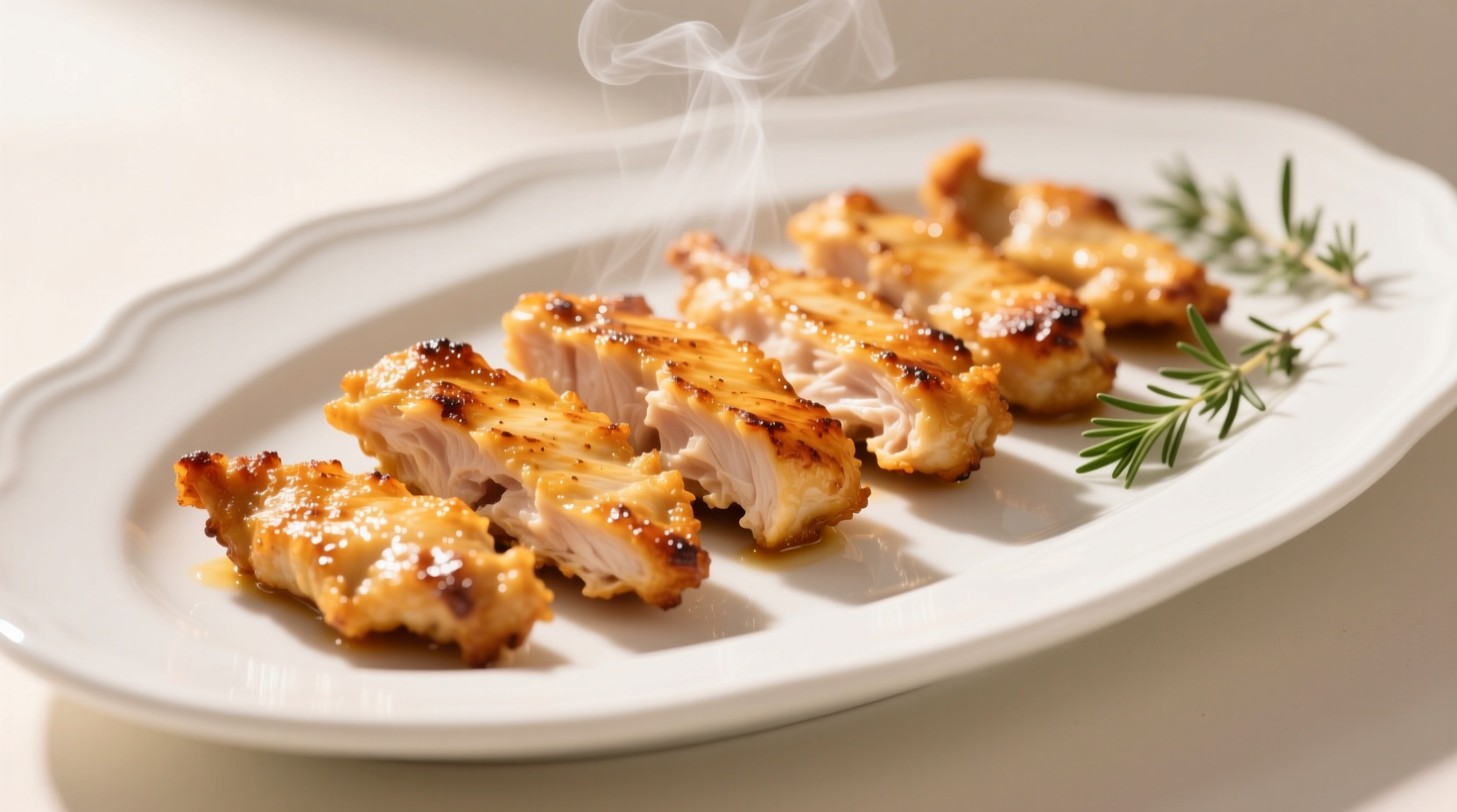 Perfectly cooked golden chicken strips on white plate