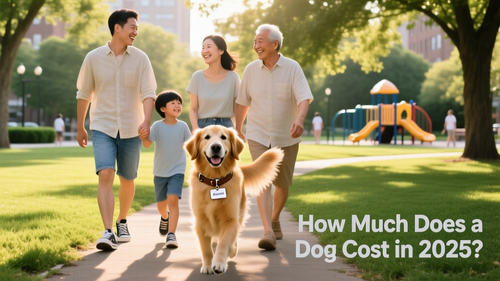 A joyful family walking their medium-sized dog in a sunny park