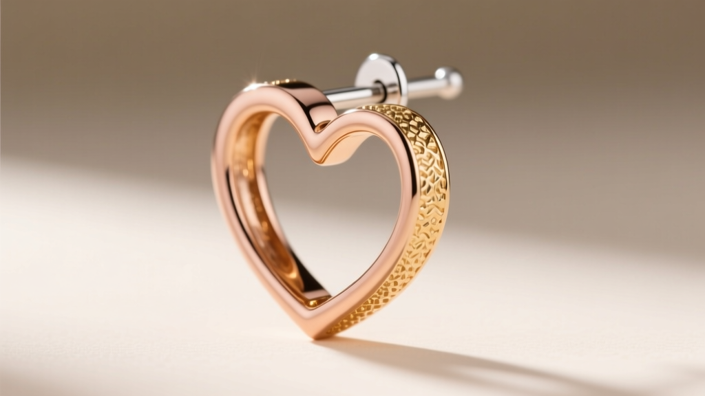 Side view of rose gold vermeil heart earring showing sterling silver post and thick gold plating on edge under bright lighting