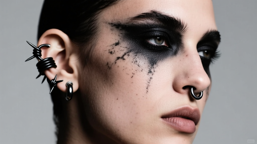 Portrait showing a 14-gauge blackened barbed wire helix cuff and industrial barbell on a model with dark, textured grunge makeup.