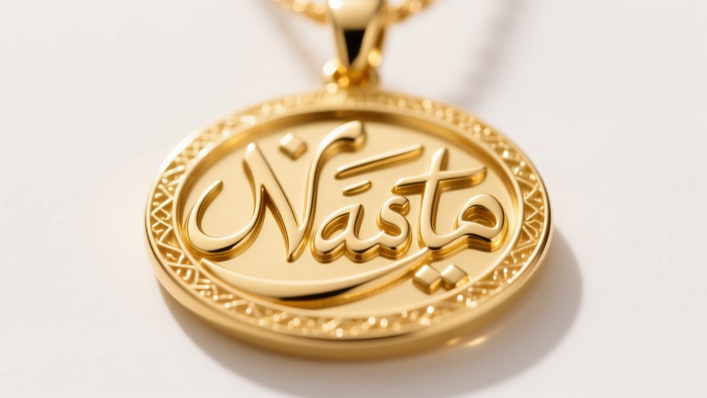 Macro view of a Persian calligraphy pendant in 21k yellow gold, showcasing Nasta