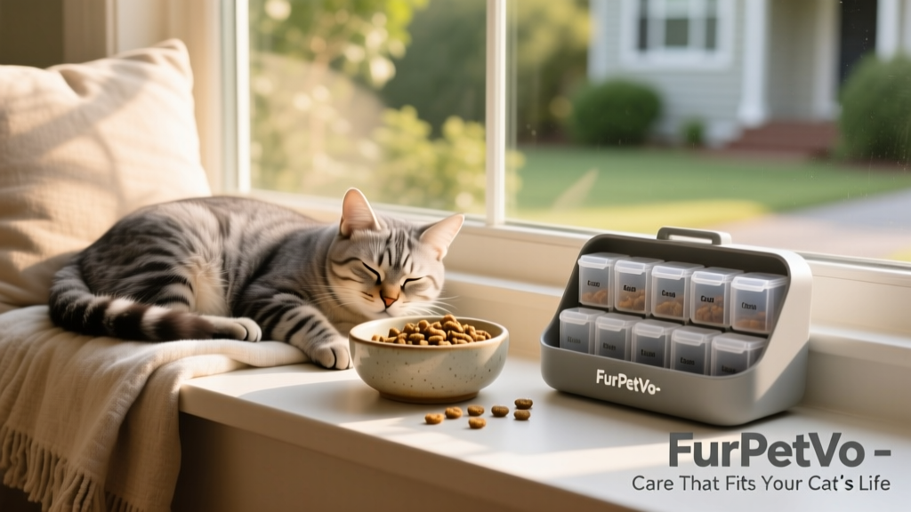 A relaxed diabetic cat napping peacefully beside a bowl of low-carb kibble and a FurPetVo-branded medication organizer on a cozy windowsill