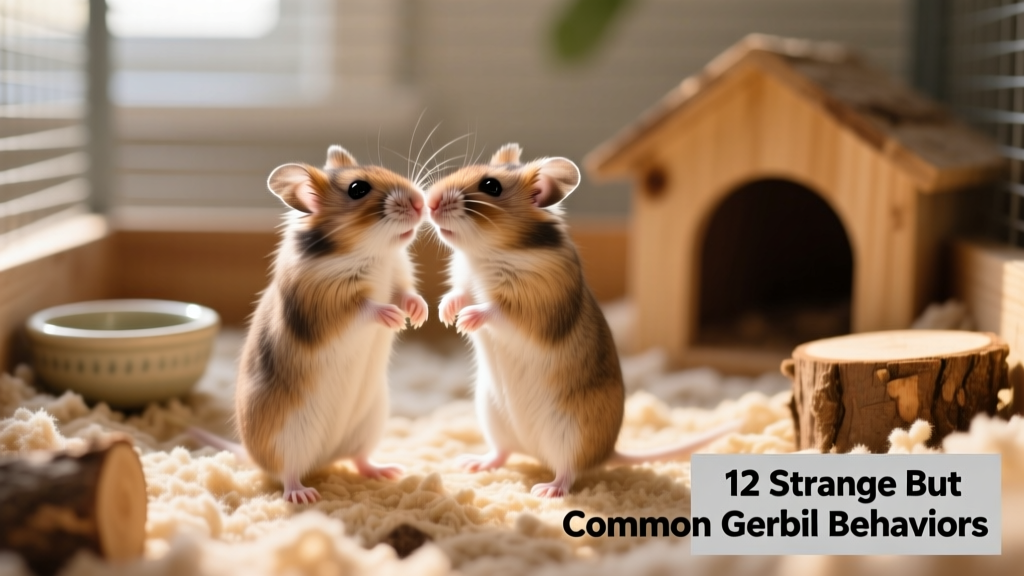 Two gerbils standing upright and gently touching noses inside a well-bedded enclosure