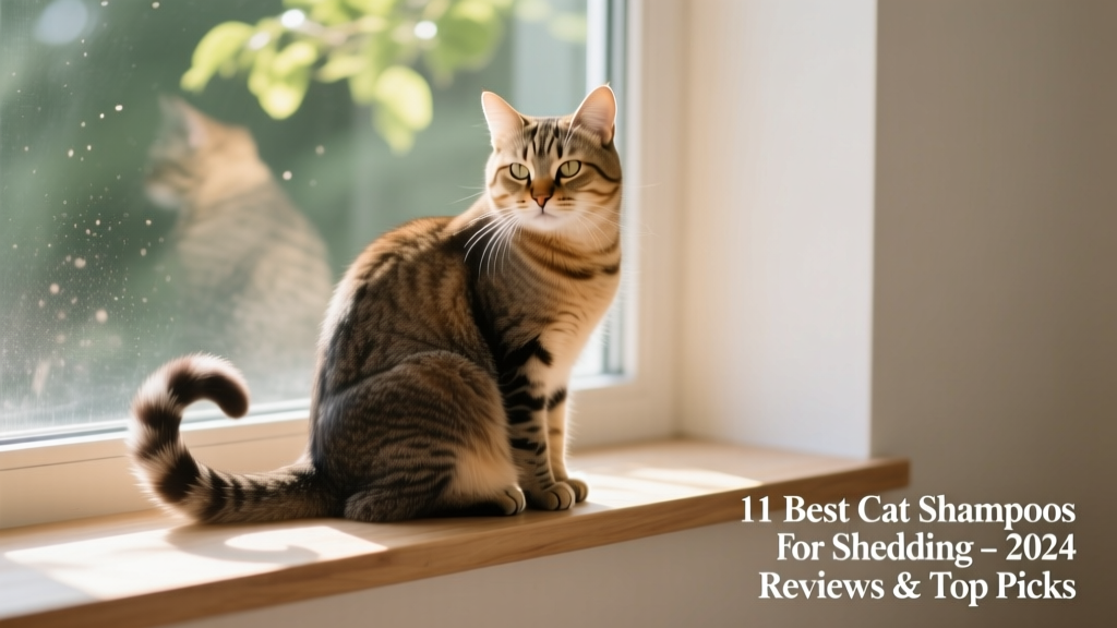 Happy cat sitting on a clean, sunlit windowsill, tail curled neatly, fur smooth and gleaming