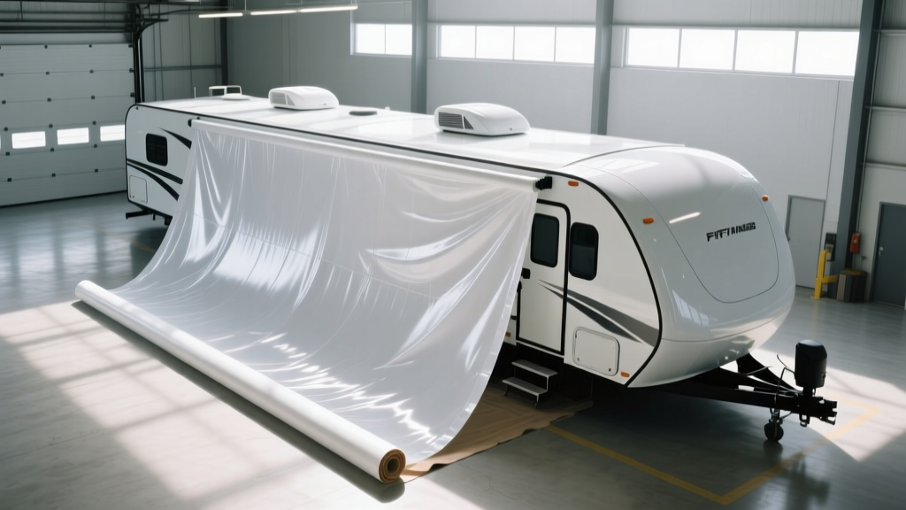 Overhead view of a white TPO membrane being unrolled and adhered to the curved roof of a modern fifth-wheel RV in a sunny service bay