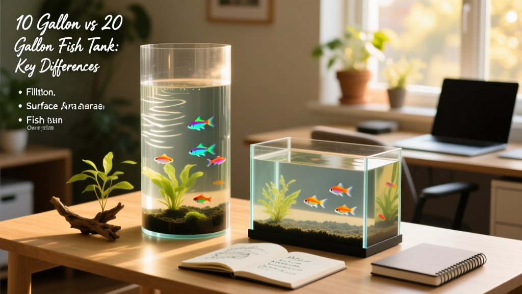 Side-by-side comparison of a tall 10-gallon aquarium and a horizontal 10-gallon tank on a desktop setup