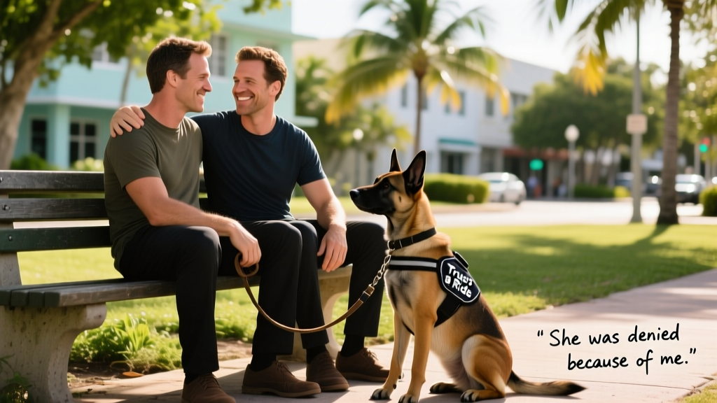 Ted calmly seated beside Robbie Carson-Esper on a park bench, both looking relaxed and connected, symbolizing trust and partnership