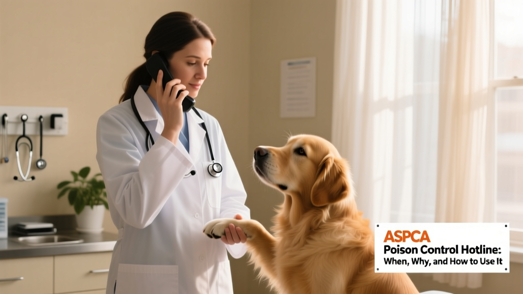 A calm veterinarian speaking on the phone while gently holding a dog’s paw, symbolizing trusted guidance during a pet health emergency