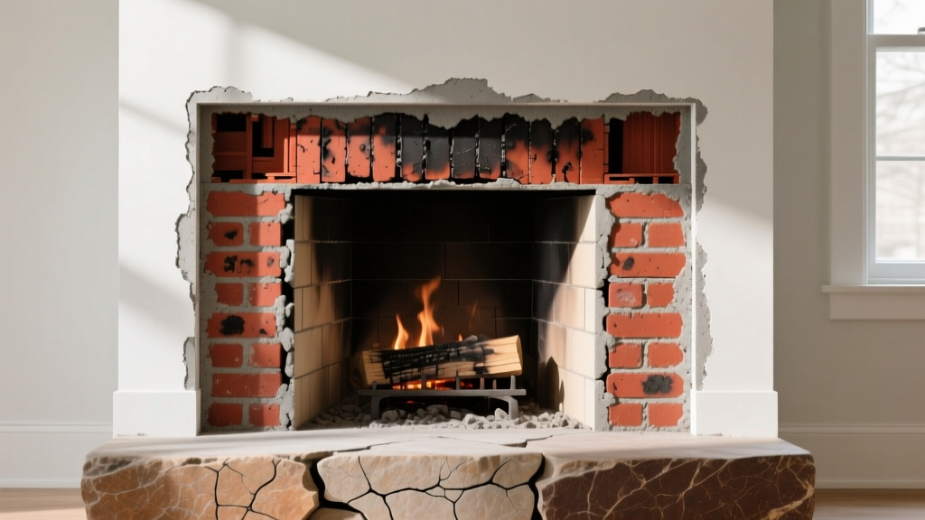 Cross-section of masonry fireplace showing firebrick lining, refractory mortar, Type X gypsum framing, and stone hearth