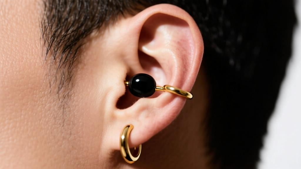 Close-up of a male ear with a double lobe piercing, black onyx stud and 16-gauge gold huggie hoop, sharp macro focus.