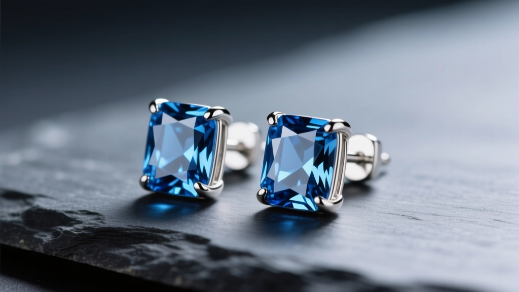 Macro shot of London blue topaz emerald cut stud earrings in white gold, resting on dark slate with soft cinematic studio lighting.