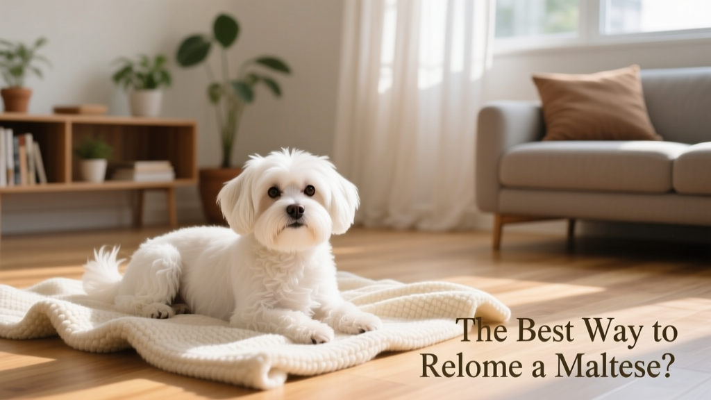A calm, well-groomed Maltese resting peacefully on a cozy blanket in a sunlit living room