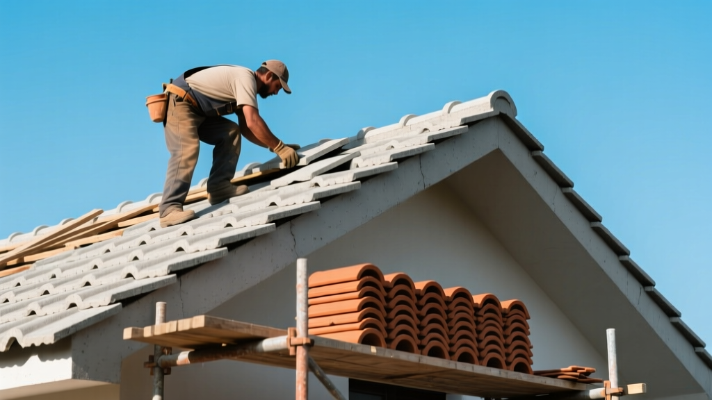 Roofer securing interlocking concrete roof tiles on a steep pitch while clay tiles are stacked nearby on scaffolding under clear skies