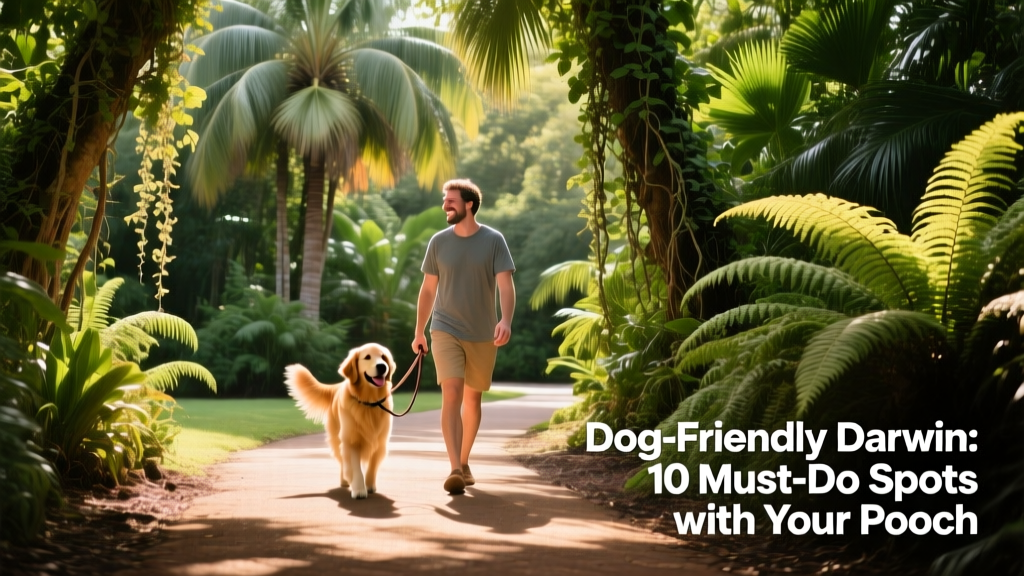 A serene path winding through lush greenery at George Brown Darwin Botanic Gardens, with a dog walking calmly beside its owner