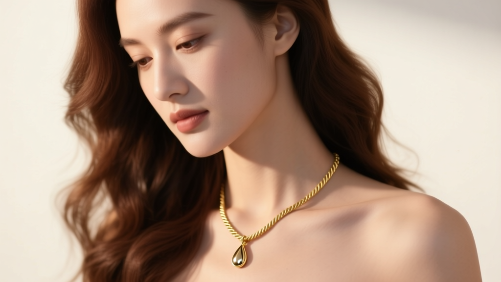 Elegant woman wearing a delicate 18k Italian gold rope necklace with a teardrop pendant, soft evening lighting on her collarbone