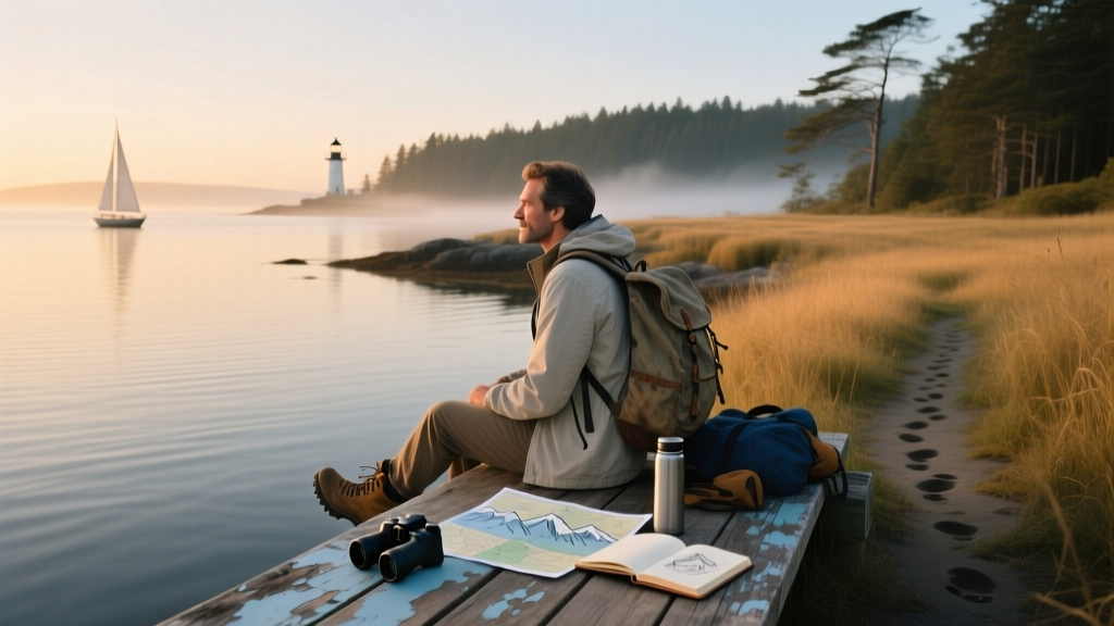 A traveler sitting on a dock surrounded by nature
