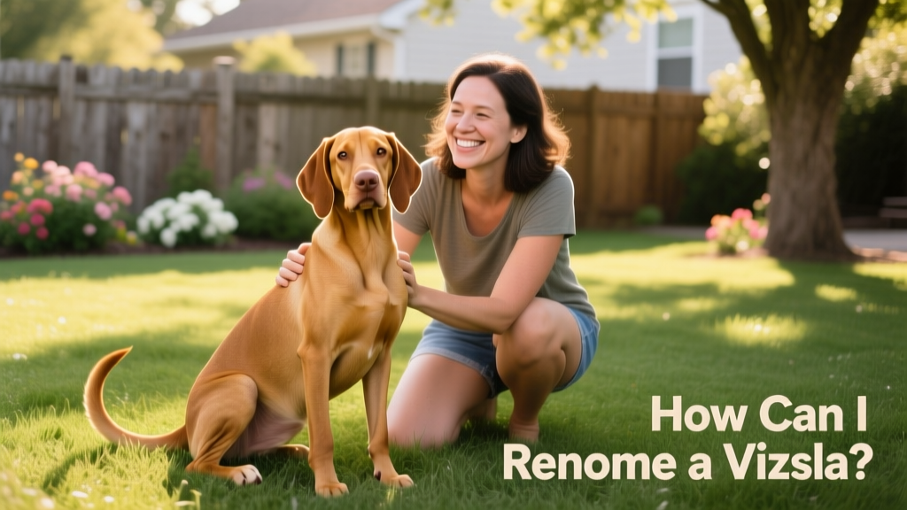 A calm, well-groomed Vizsla sitting beside a smiling adult on a grassy yard