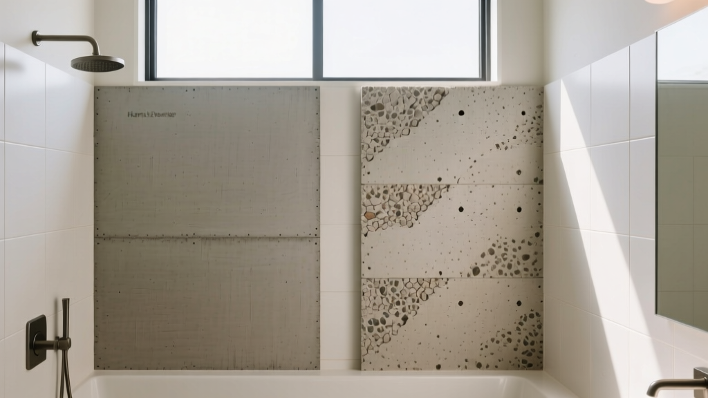 Side-by-side installation of smooth HardieBacker cement board and textured Durock concrete board in a modern bathroom shower remodel