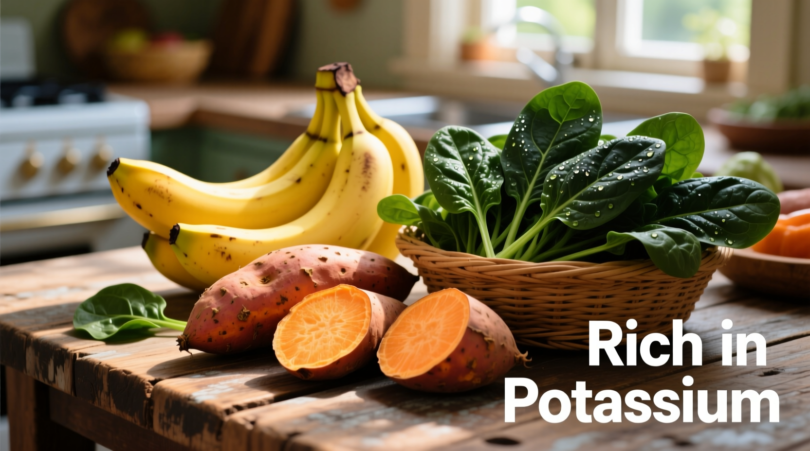 Colorful assortment of potassium-rich foods including bananas, sweet potatoes, and spinach