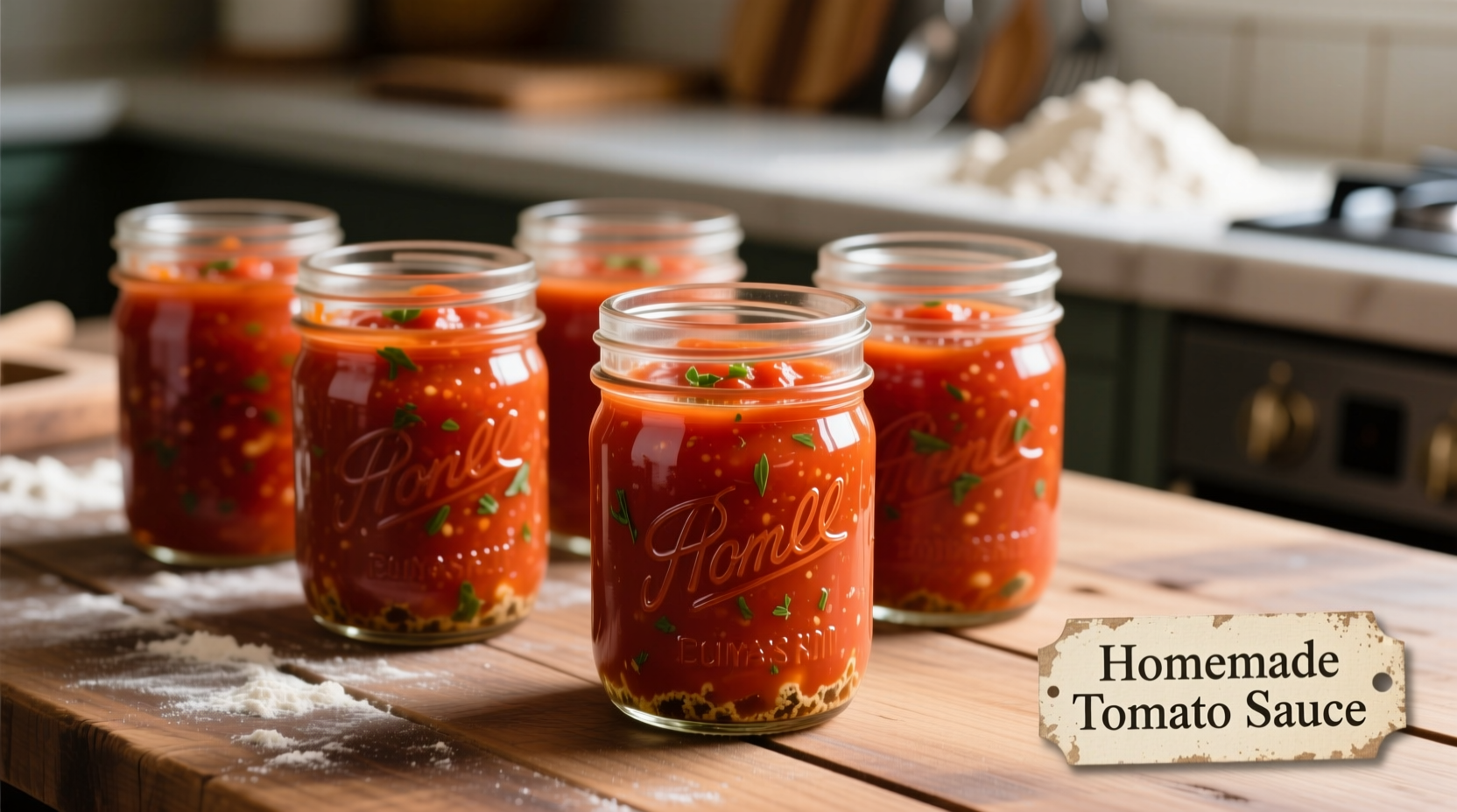 Tomato sauce filling mason jars with proper headspace