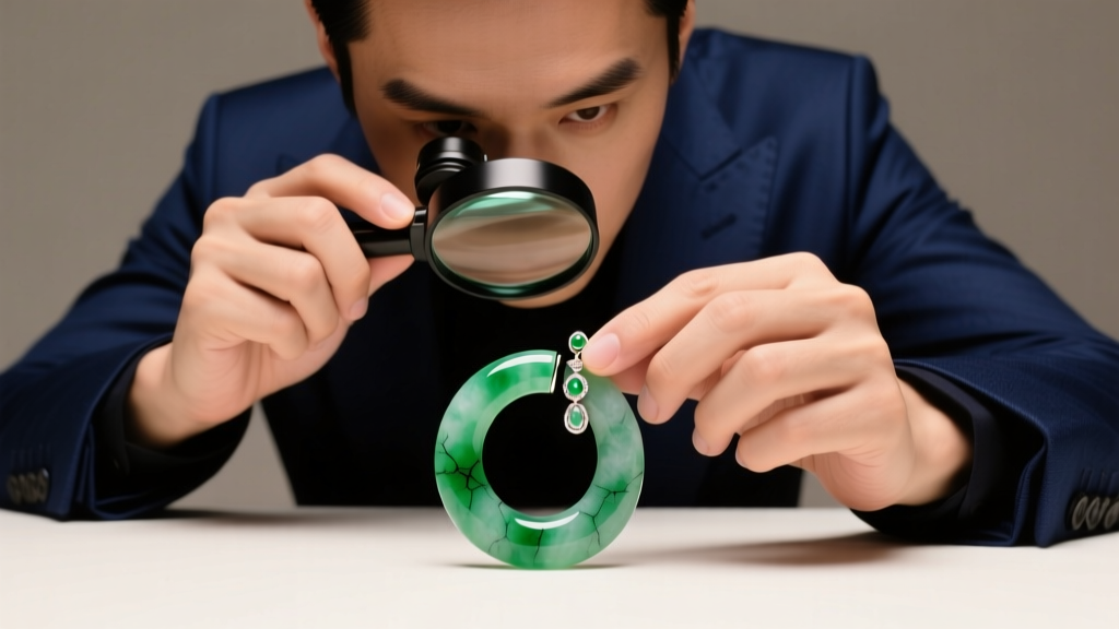Jeweler inspecting a nephrite jade hoop earring with a loupe to check for polymer treatment signs under bright studio lighting