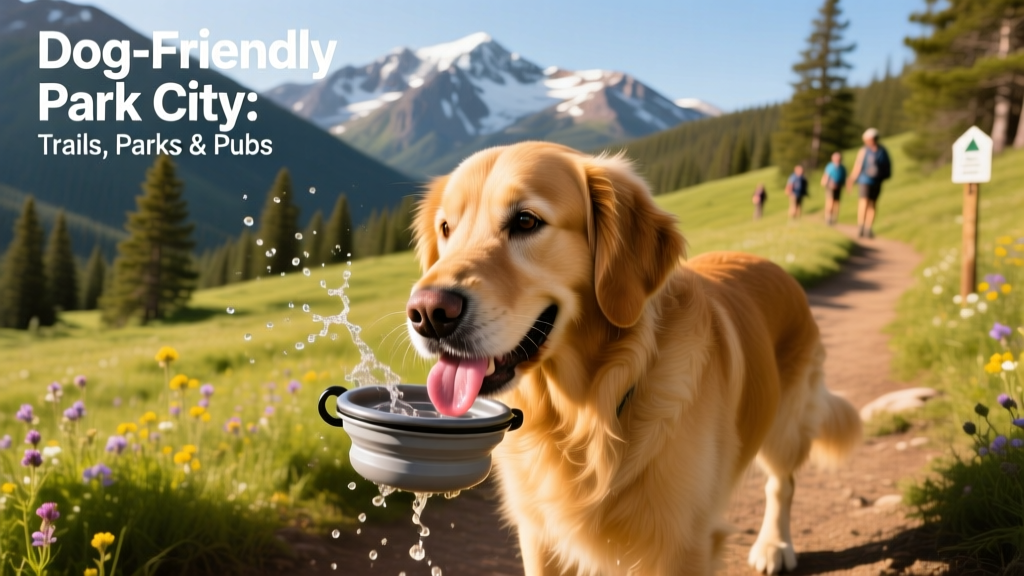 A golden retriever happily drinking from a portable water bowl on a Park City hiking trail